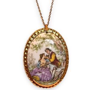 Vintage Fragonard Courting Couple Porcelain Necklace- Hand-Painted Scene